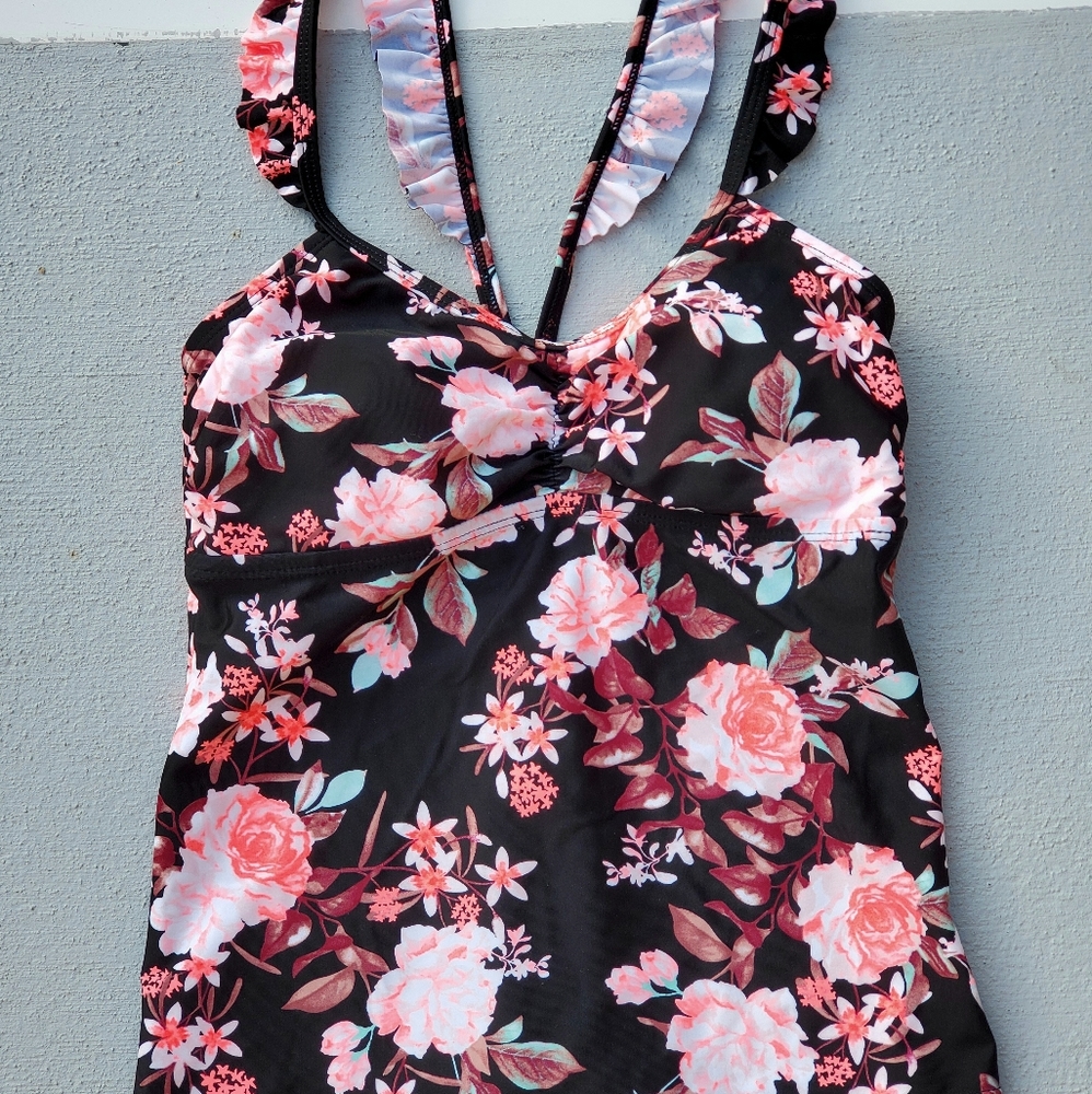NWT Arizona Jean Neon Pink Flowers Swim Tankini S